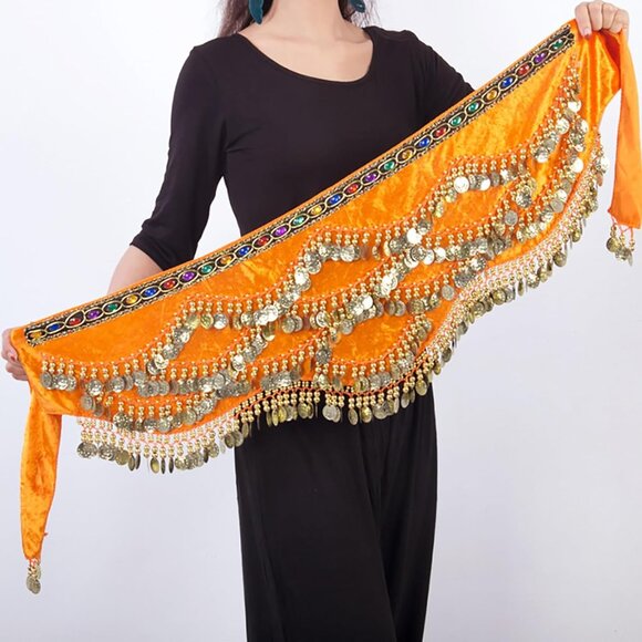 Women's Orange Triangular Belly Dancing Hip Scarf Wrap Skirt with Gold Coins - Picture 3 of 4